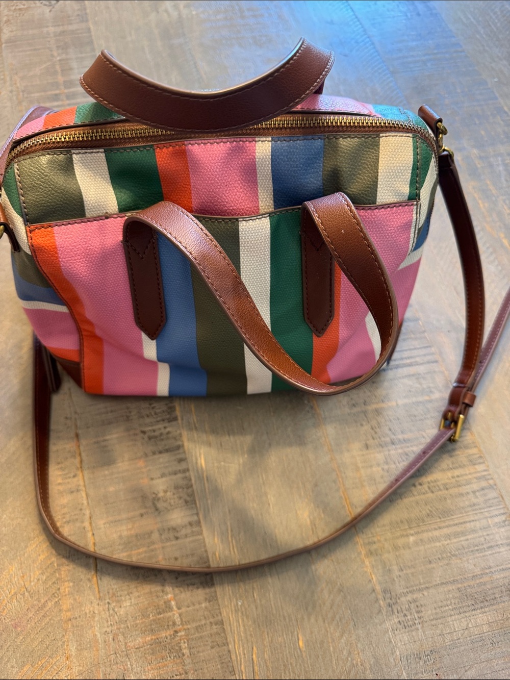 Fossil Multicolor Striped Crossbody Bag with Brown Trim